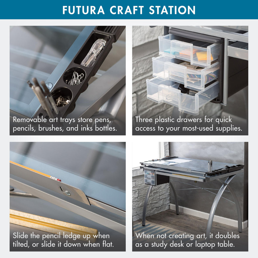 SD Studio Designs 10096 Futura Station with Folding Shelf Top Adjustable Drafting Craft Drawing Hobby Table Writing Studio Desk with Drawer, 35.5'' W x 23.75'' D, White/Clear Glass
