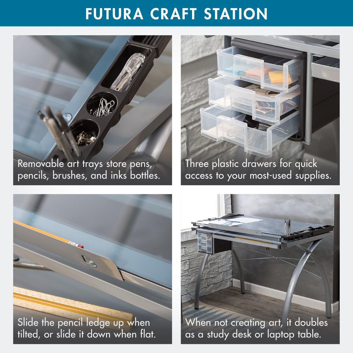 SD Studio Designs 10096 Futura Station with Folding Shelf Top Adjustable Drafting Craft Drawing Hobby Table Writing Studio Desk with Drawer, 35.5'' W x 23.75'' D, White/Clear Glass