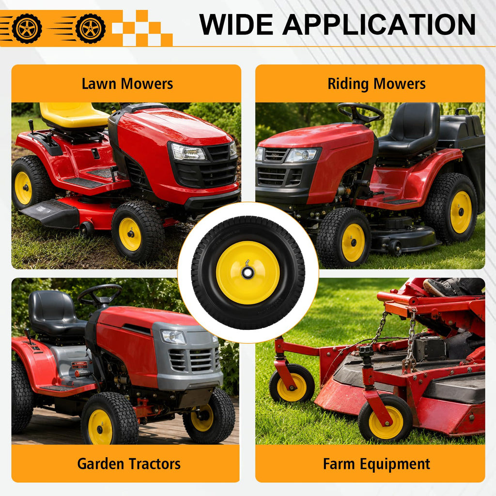 2 Pack 15x6.00-6 Flat Free Lawn Mower Tire and Wheel, 15" Solid Front Tires with 3" Centered Hub, 3/4" & 5/8" Bearings and 1" Bushings, Compatible with John Deere Husqvarna Riding Mowers Lawn Tractors