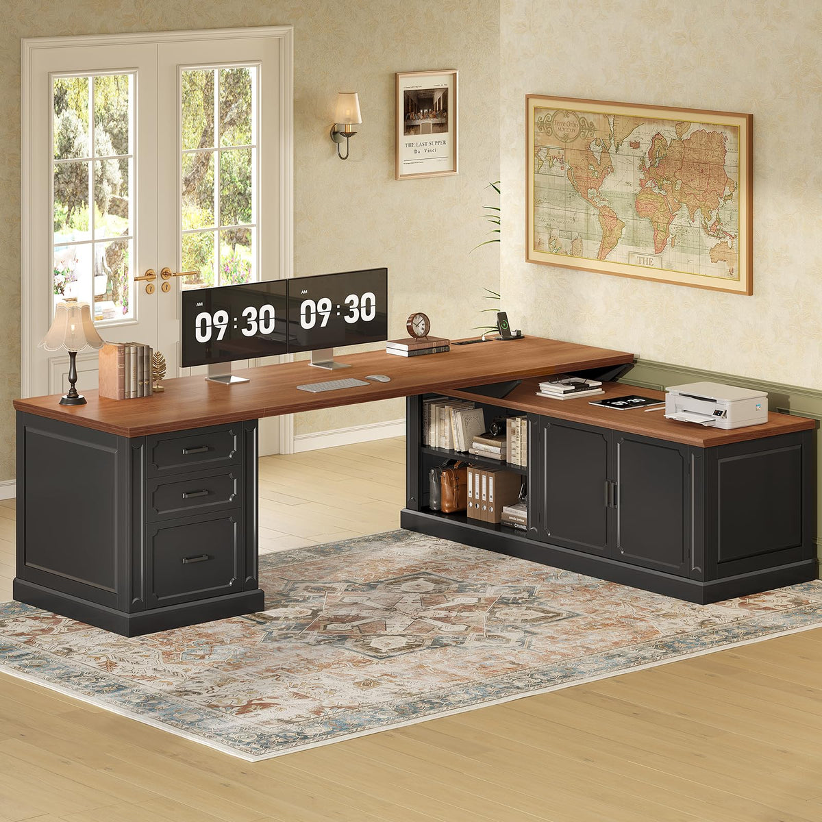 SEDETA Farmhouse 70.9" Executive Desk, Home Office Desk with File Drawers and Storage Cabinet, Computer Desk with Power Outlet for Home Office, Work Study Writing, Black+Brown