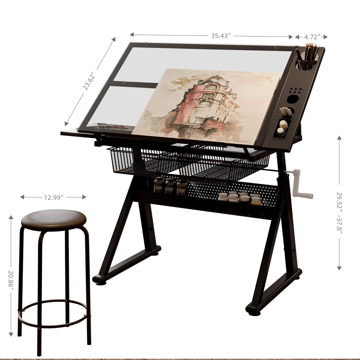 Drafting Table and Stool Set for Adults/Artists, Drawing Table with Adjustable Tabletop and Height, Art Workstation for Painters Crafting Reading Writing Home Office, All White