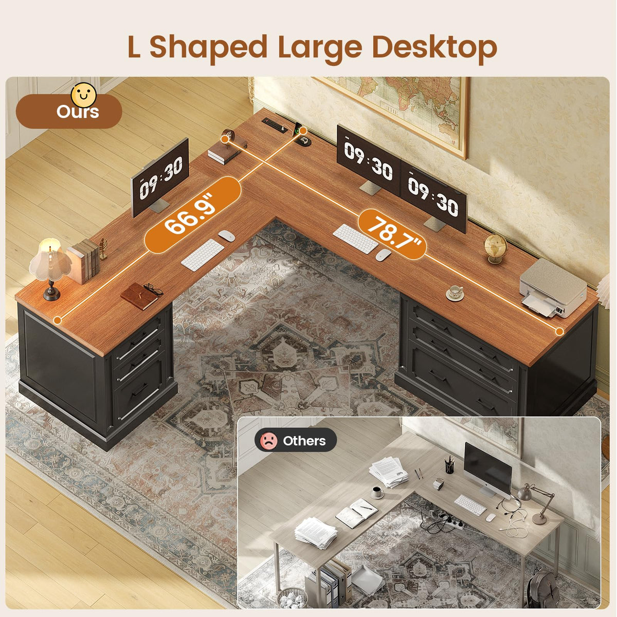 SEDETA Farmhouse 70.9" Executive Desk, Home Office Desk with File Drawers and Storage Cabinet, Computer Desk with Power Outlet for Home Office, Work Study Writing, Black+Brown