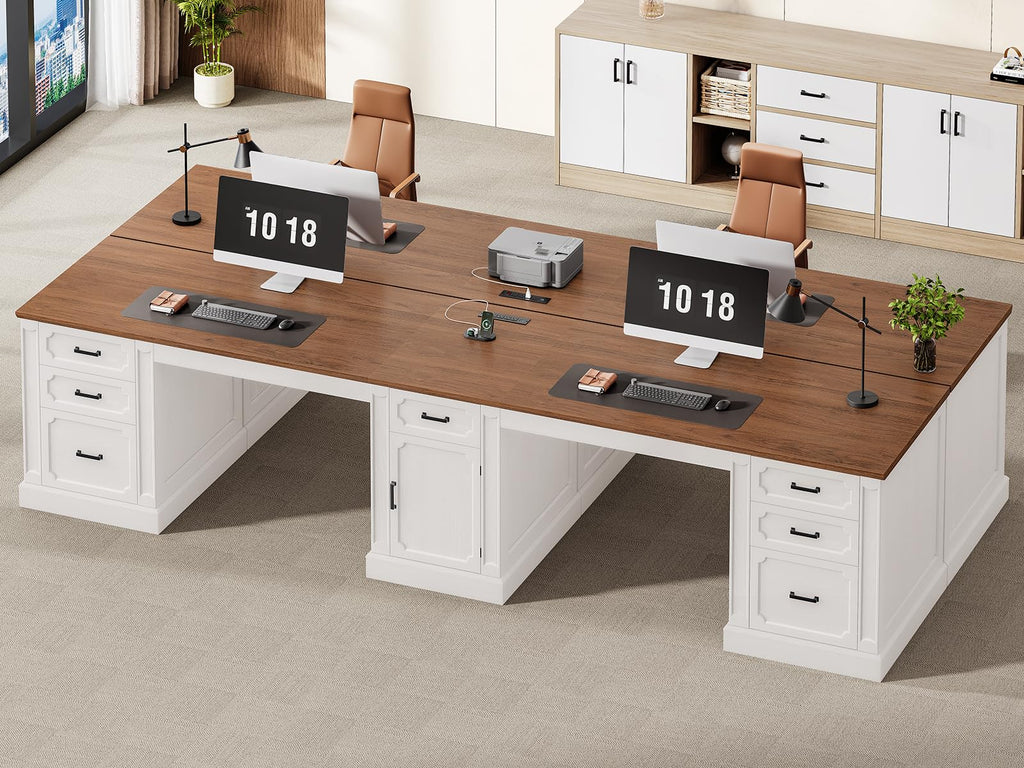 SEDETA Farmhouse 70.9" Executive Desk, Home Office Desk with File Drawers and Storage Cabinet, Computer Desk with Power Outlet for Home Office, Work Study Writing, Black+Brown