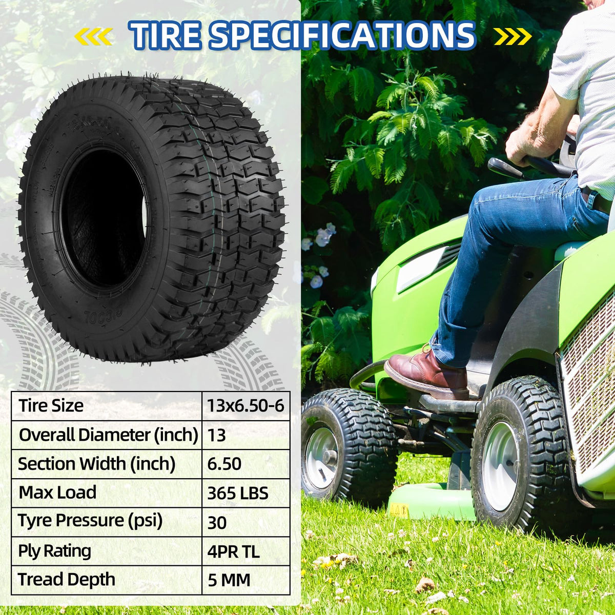 GICOOL 18x9.50-8 Tubeless Lawn Mower Tire for Riding Mower Tractor, 4 Ply
