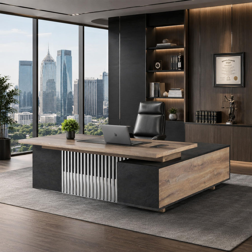 78.7 Inch Large Executive Desk with Drawers Cabinet, L Shaped Office Desk, Computer Desk with Universal Charging Ports and Cable Management for Business Furniture Set Workstation for Home Office