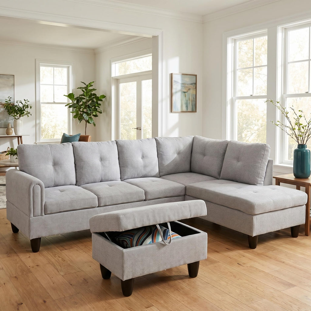 97.5" L-Shaped Modular Sectional Sofa with Movable Chaise & Storage Ottoman, 3 Piece Convertible Leather Couch, 4 Seat Gloss Black Living Room Furniture Set for Apartment Home Office