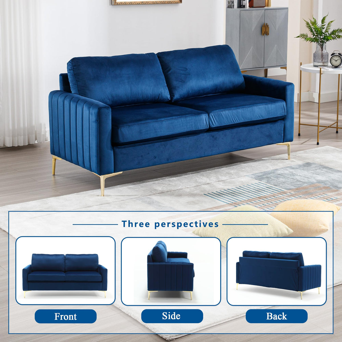 2 Piece Sofa and Loveseat Set, Comfy Tufted Velvet Couch and Loveseat Sets Furniture with Gold Leg, Mid Century Modern Couch Soft Upholstered Sofa Set of 2 for Living Room Bedroom Office (Navy Blue)