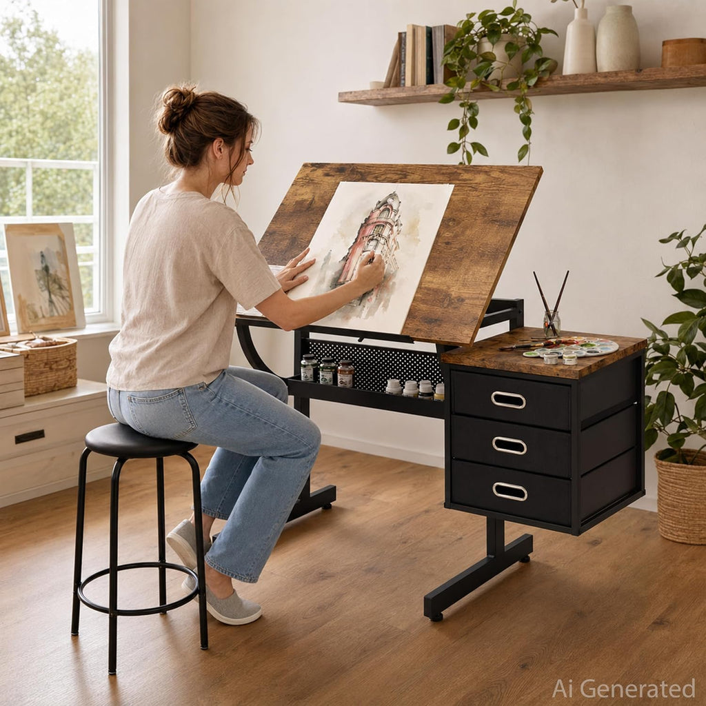 Adjustable Drawing Table with 3 Drawers and Stool, Black