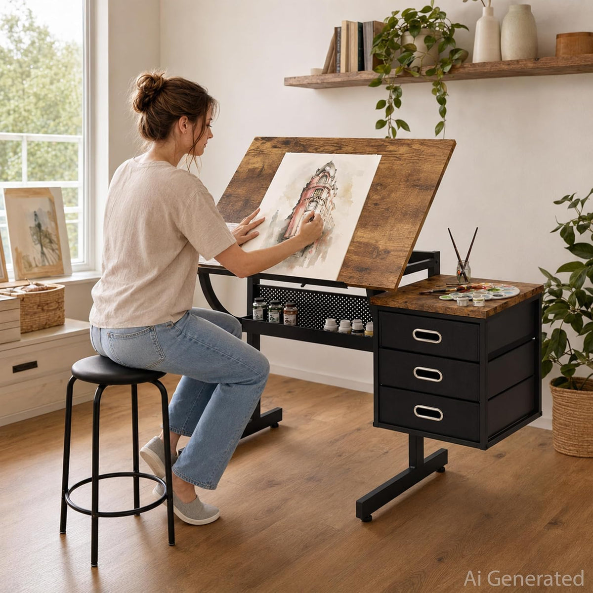 Adjustable Drawing Table with 3 Drawers and Stool, Black
