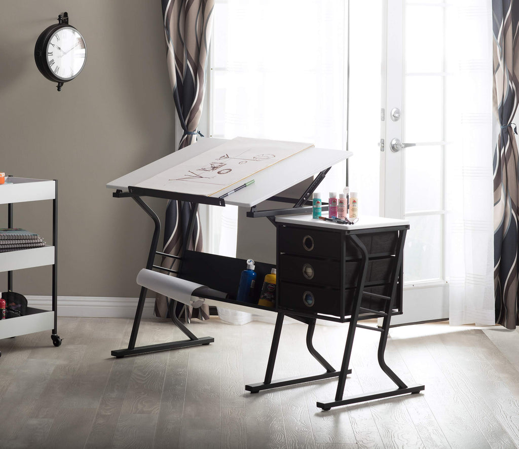 2 Piece Eclipse Ultra Center/Drawing Table with Stool, Angle Adjustable Top, Storage Shelves, and Drawers