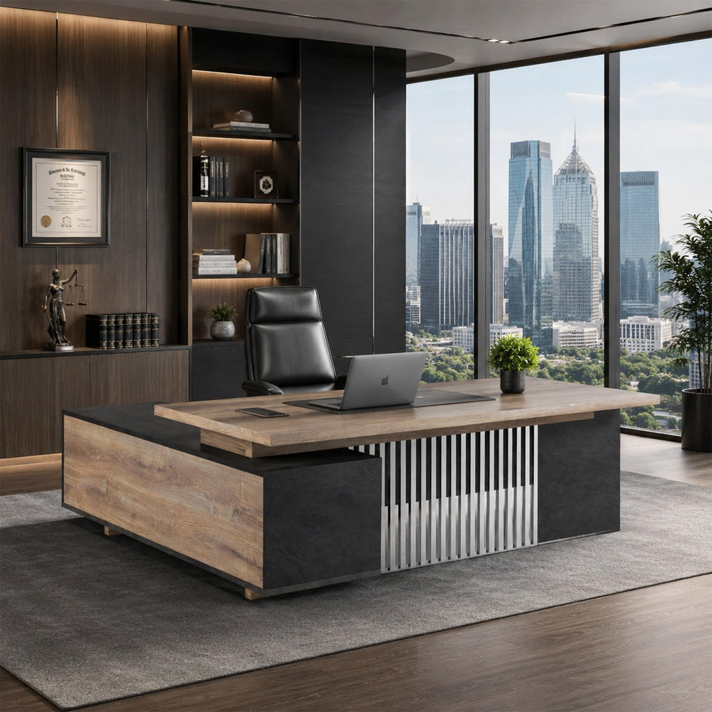 78.7 Inch Large Executive Desk with Drawers Cabinet, L Shaped Office Desk, Computer Desk with Universal Charging Ports and Cable Management for Business Furniture Set Workstation for Home Office