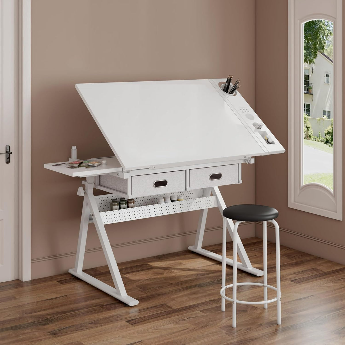 Adjustable Drafting Table with Stool, 0-75Â° Tilting Art Desk, White