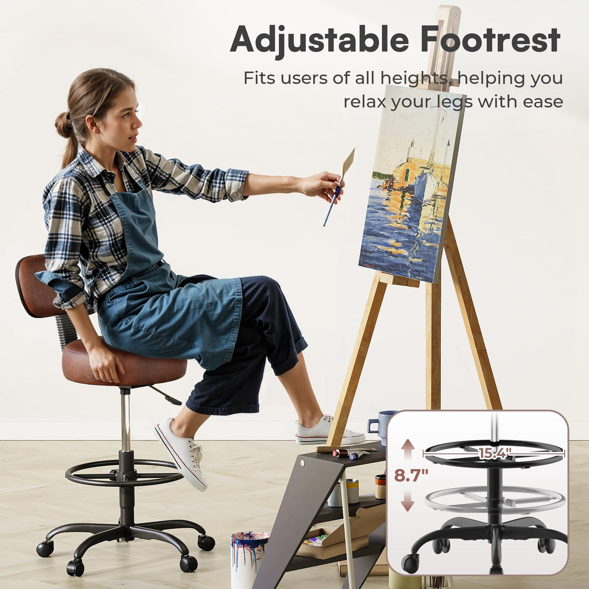 SUPERJARE Drafting Chair with Backrest, Adjustable Foot Rest Rolling Stool