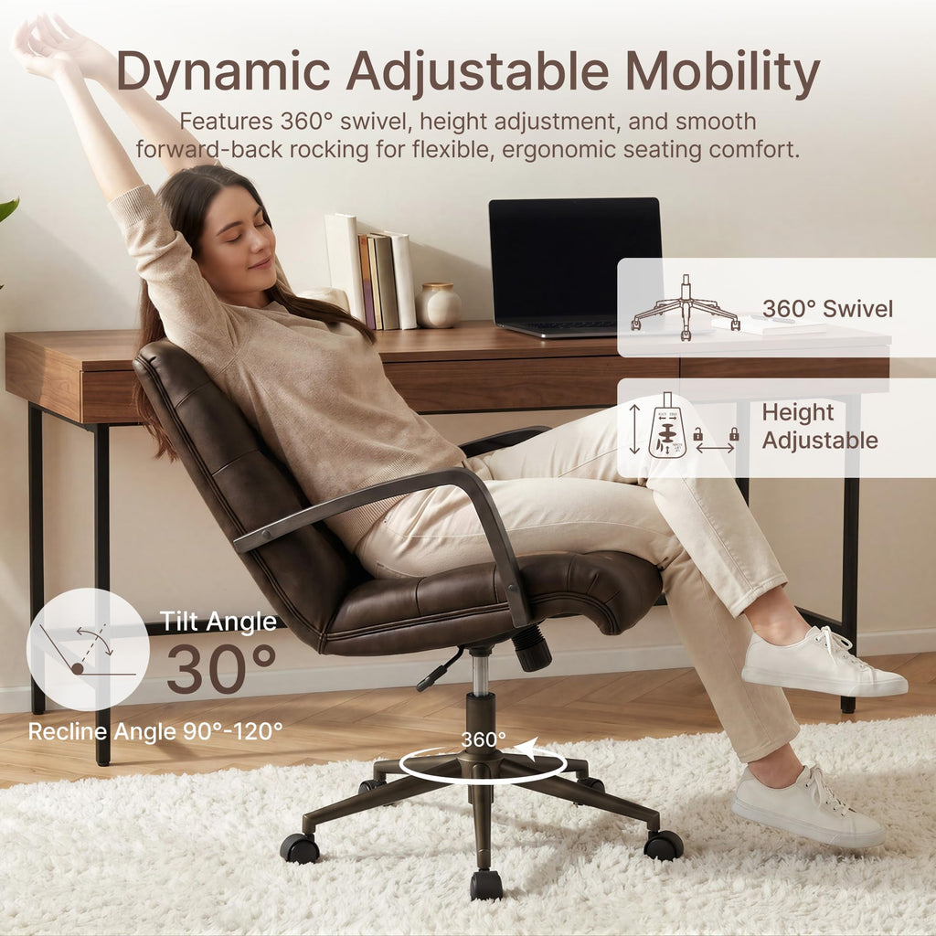 KISLOT Home Office Desk Chair, Ergonomic Office Chair with Lumbar Support, Adjustable Swivel Computer Chair with Wheels, Faux Leather Executive Task Chair with Wood Arms, Set of 2, Brown
