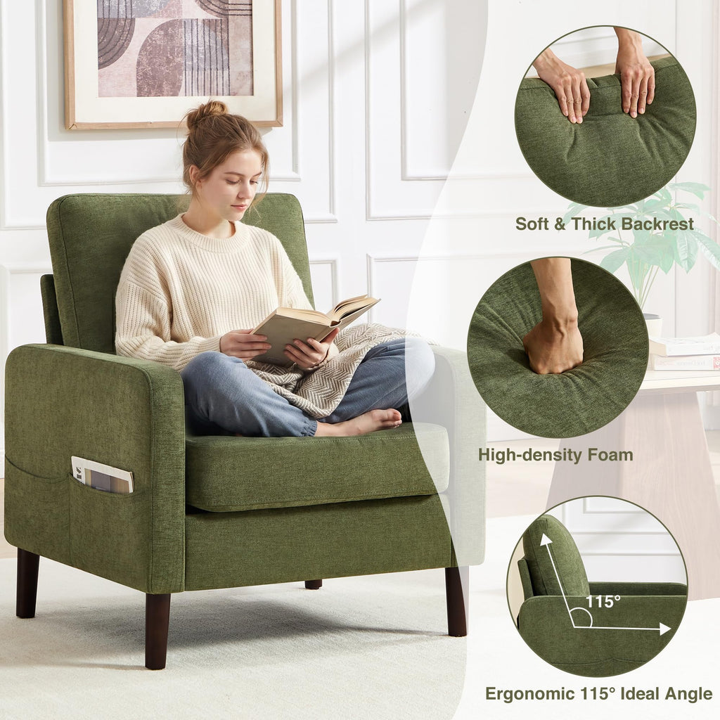 Accent Chair Set of 2, Upholstered Living Room Chairs with Wood Legs and Side Pockets, Modern Reading Chair for Bedroom, Armchair Single Sofa Side Chair for Office, Small Room, Dark Grey