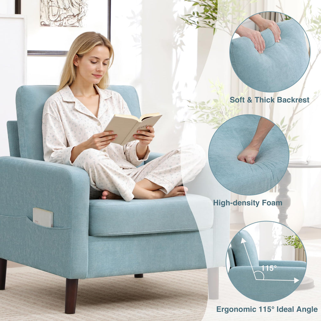 Accent Chair Set of 2, Upholstered Living Room Chairs with Wood Legs and Side Pockets, Modern Reading Chair for Bedroom, Armchair Single Sofa Side Chair for Office, Small Room, Dark Grey