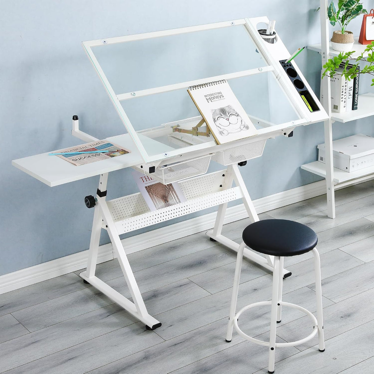 Drafting Table Adjustable for Artists - Art Drawing Desk with Storage for Painting Sketching - Glass Top for Painters Illustrators Cartoonists White