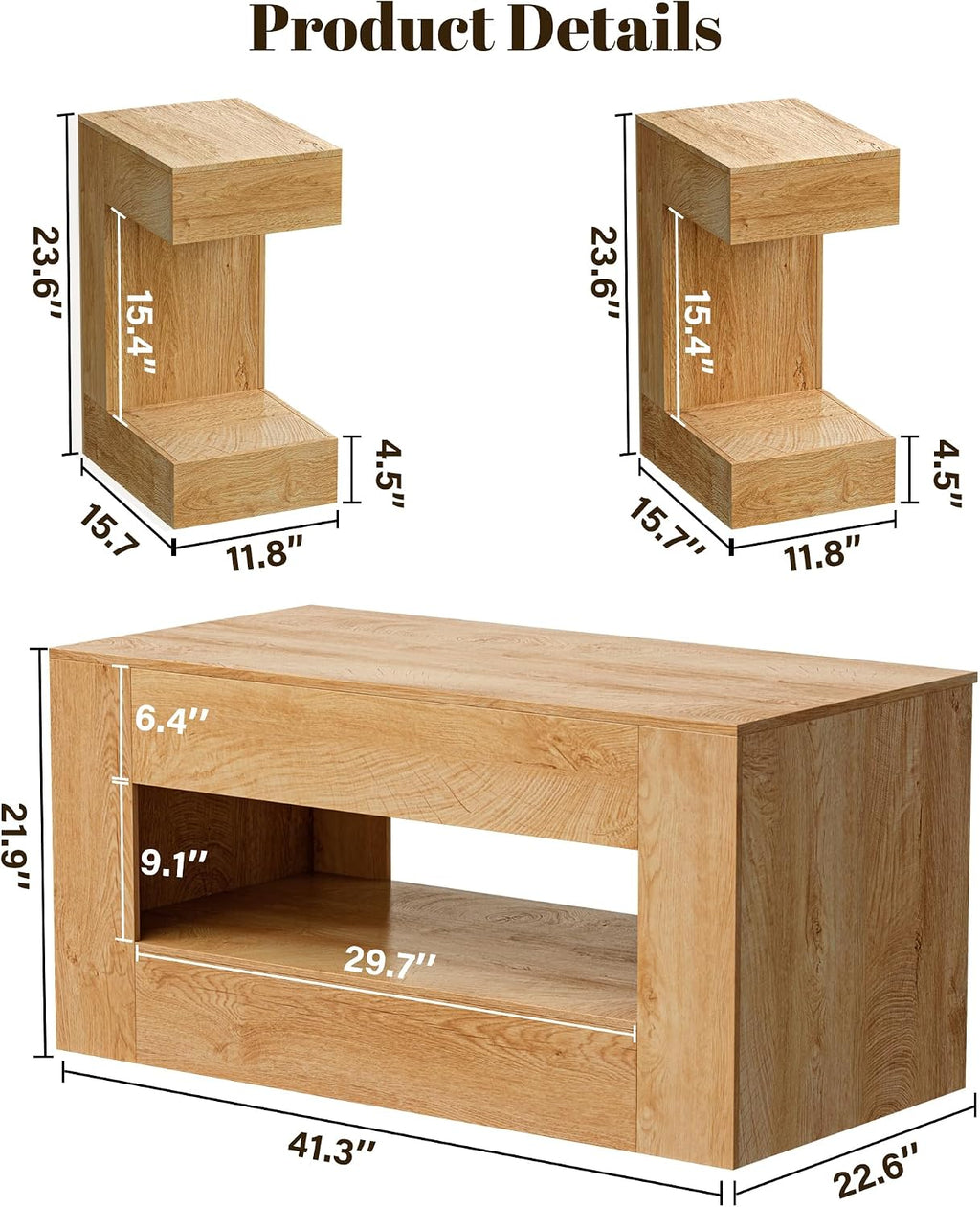 3 Piece Living Room Coffee Table Set, 41.3" Coffee Table and 2 End Tables