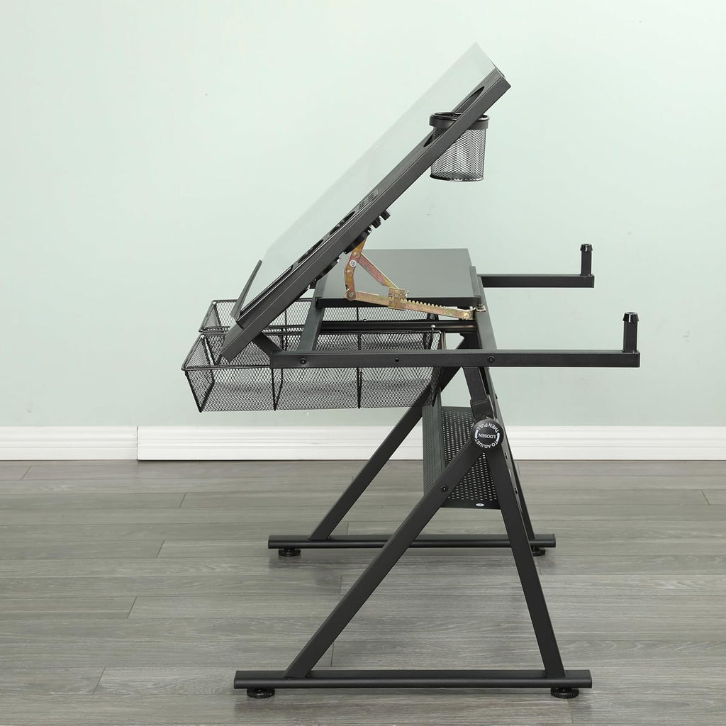 Adjustable Drawing Table for Artists | Drafting Desk with Tilted Glass Top | Art & Craft Table for Adults (Black, Classic Pro-27.16''- 35.82'' H)