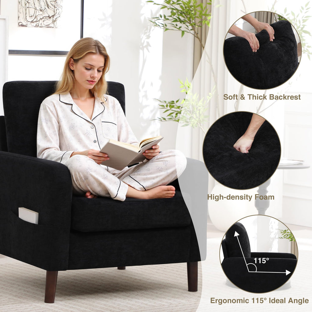 Accent Chair Set of 2, Upholstered Living Room Chairs with Wood Legs and Side Pockets, Modern Reading Chair for Bedroom, Armchair Single Sofa Side Chair for Office, Small Room, Dark Grey