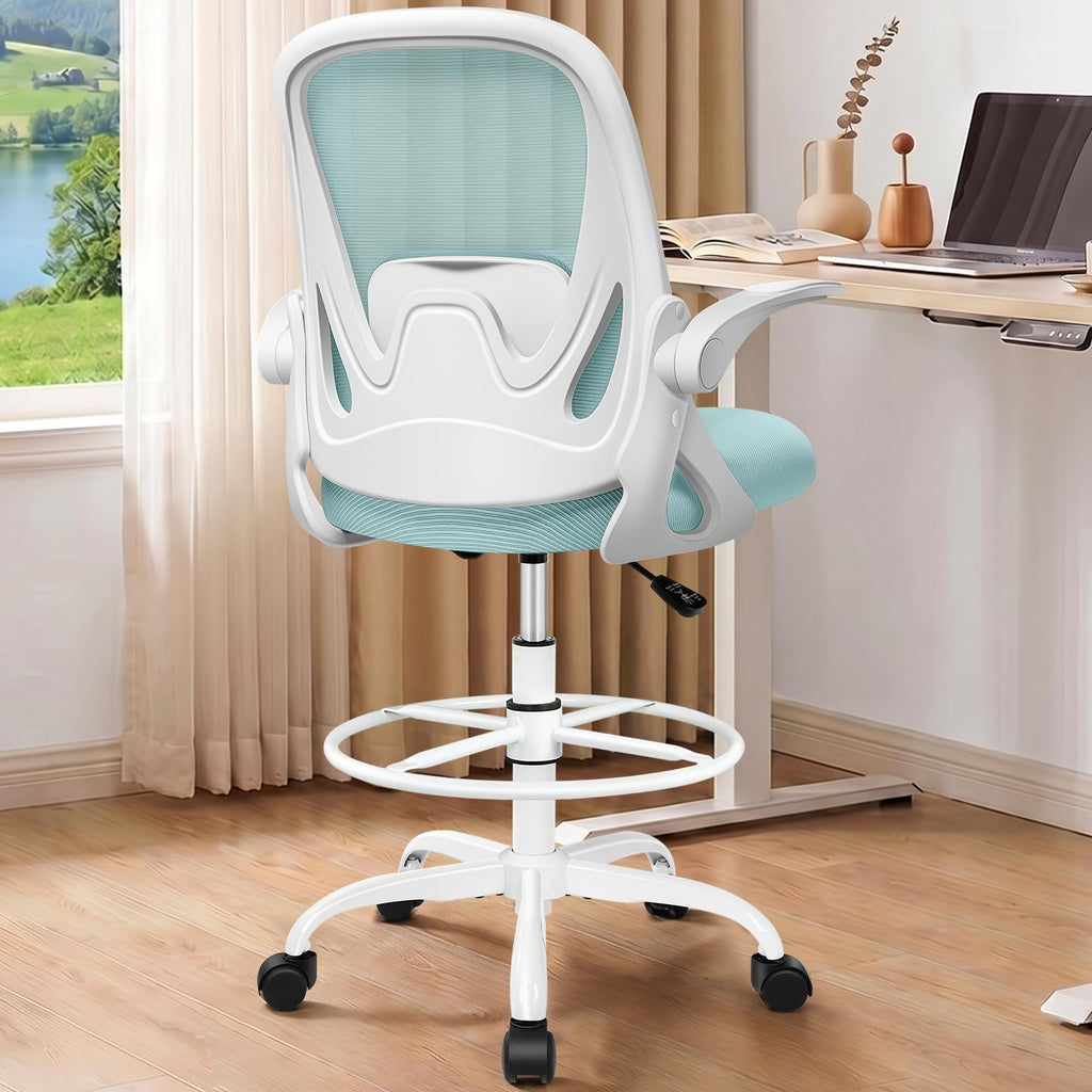 Drafting Chair Tall Office Chair with Flip-up Armrests, Adjustable Height, and Enhanced Lumbar Support - Ergonomic Rolling Stool, Back Support, and Adjustable Foot Rest Ring for Standing Desk White
