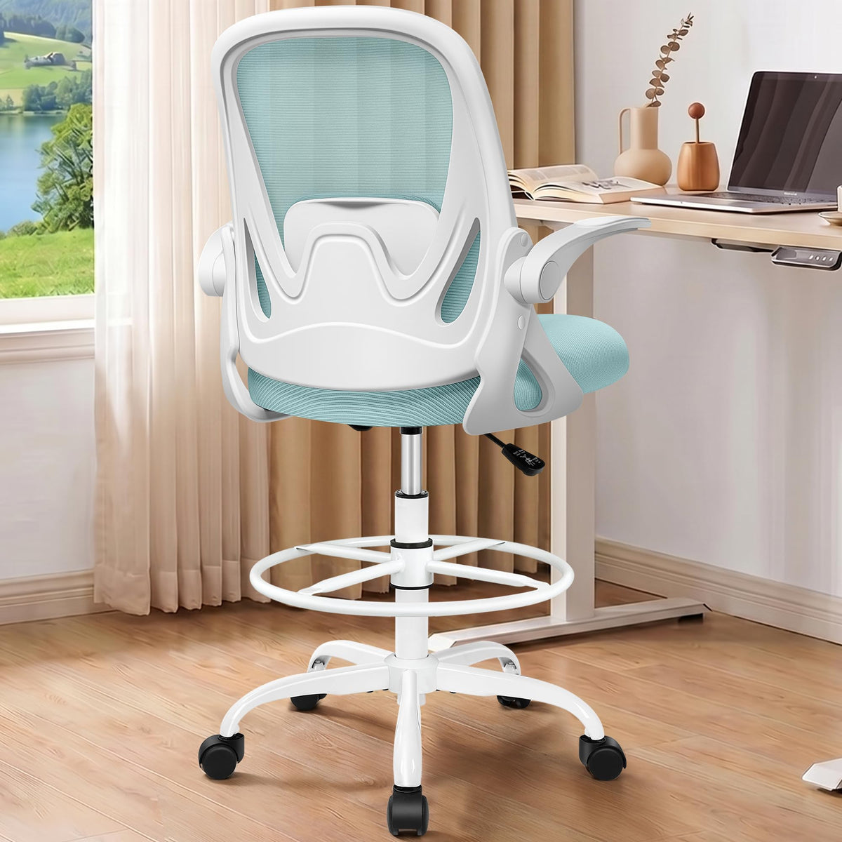 Drafting Chair Tall Office Chair with Flip-up Armrests, Adjustable Height, and Enhanced Lumbar Support - Ergonomic Rolling Stool, Back Support, and Adjustable Foot Rest Ring for Standing Desk White