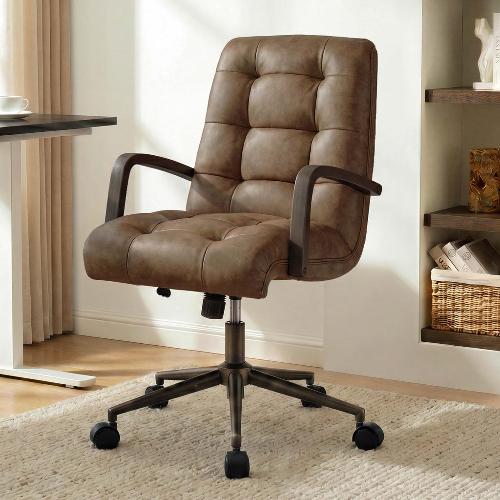 KISLOT Home Office Desk Chair, Ergonomic Office Chair with Lumbar Support, Adjustable Swivel Computer Chair with Wheels, Faux Leather Executive Task Chair with Wood Arms, Set of 2, Brown