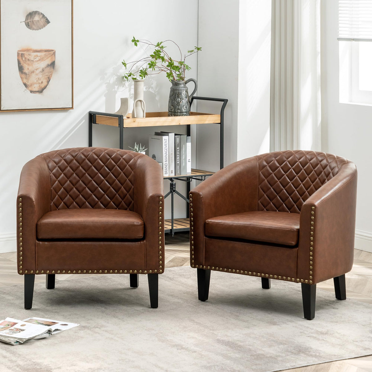 KINWELL 29" W Faux Leather Tufted PU Barrel Club Chairs Set of 2, Black