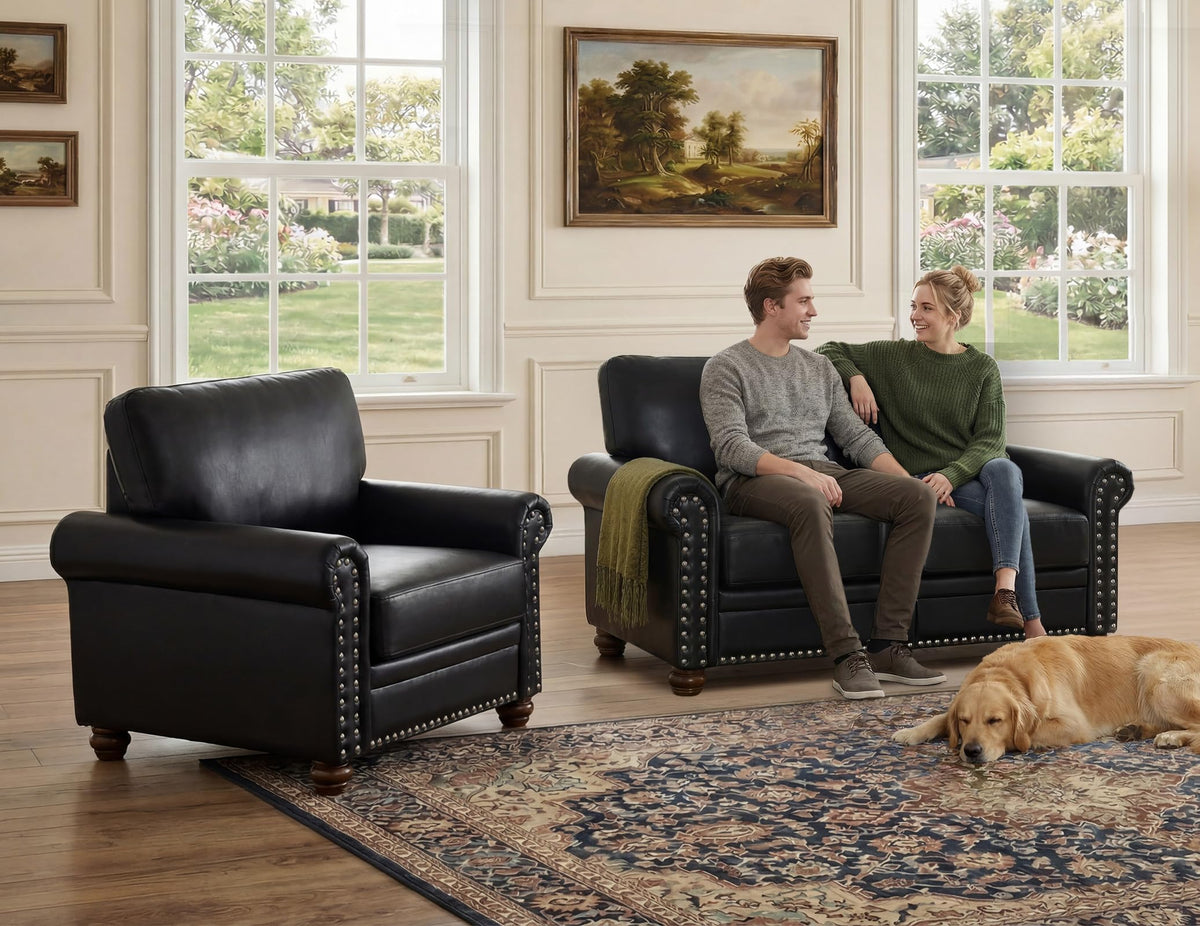 2 Piece Couch Sets for Living Room,Mid Century Modern Couch with Storage Nailhead Trim & Rolled Armrests,Deep Seat Comfy Couch,Furniture Set for Living Room,Bedroom,Office(Navy Blue,Loveseat+3 Seater)