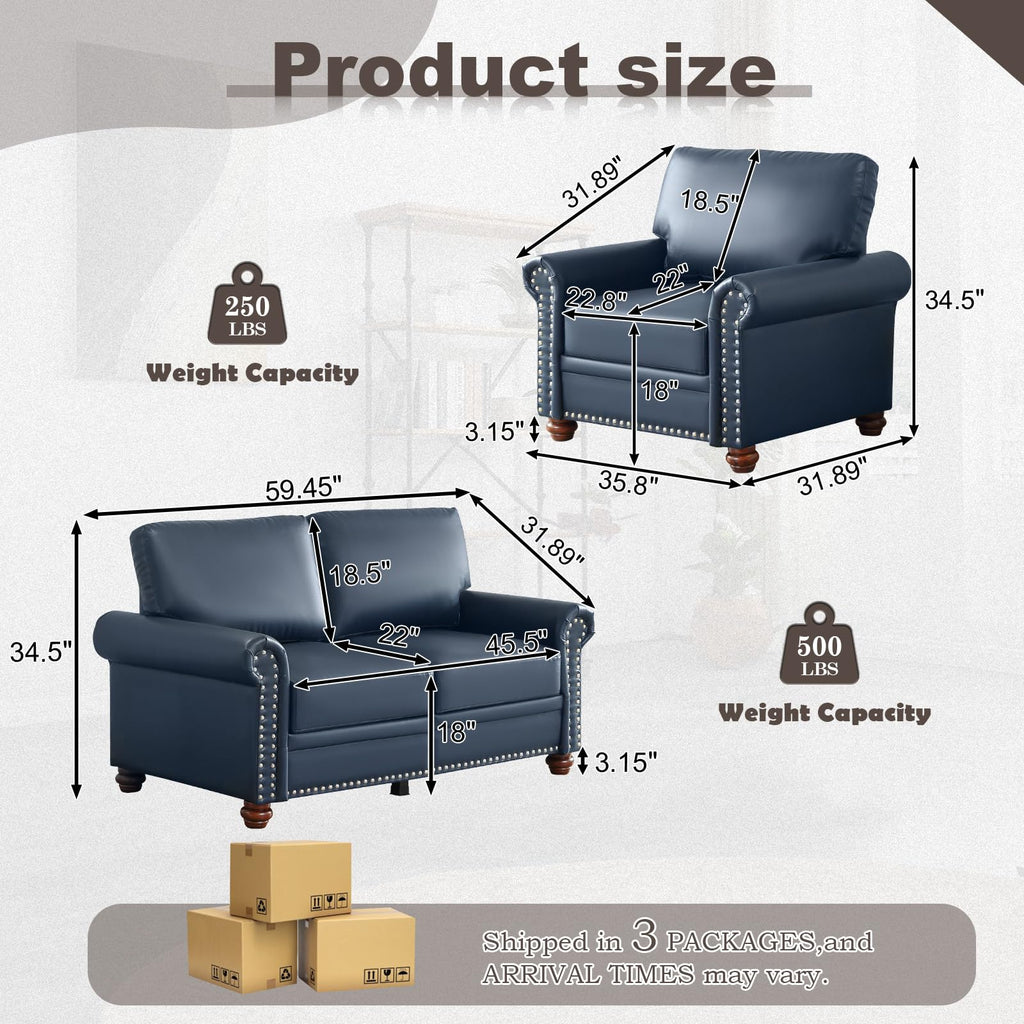 2 Piece Faux Leather Sofa Set,Modern Couch and Loveseat Sets with Storage,Mid Century Couch with Rivet Rolled Arm,Comfy Deep Seat Sofa,Furniture for Living Room,Office(Loveseat+3 Seater,Navy)