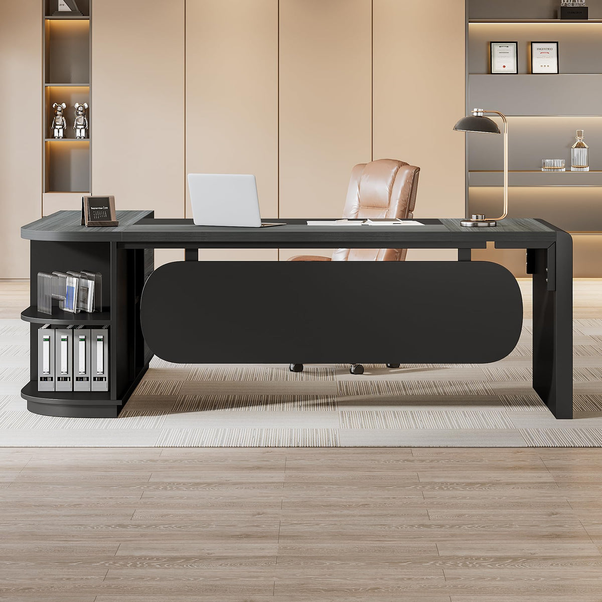 Tribesigns 81-Inch L-Shaped Office Desk, Large Commercial Office Desk with Drawers and File Cabinet, Modern Professional Business Furniture Workstations with Storage Shelves, Brown & Black