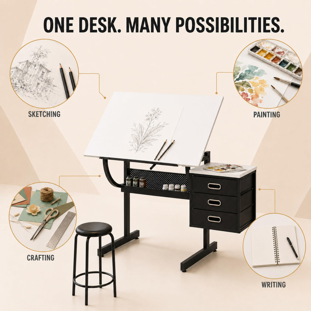 Artist Desks, Drafting Table with Stool & 3 Storage Drawersï¼Black