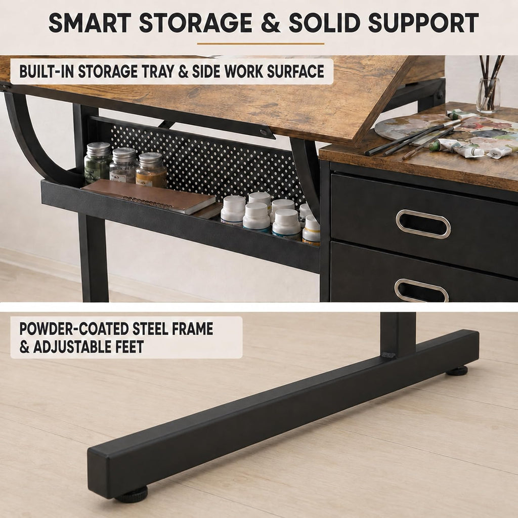 Adjustable Drawing Table with 3 Drawers and Stool, Black