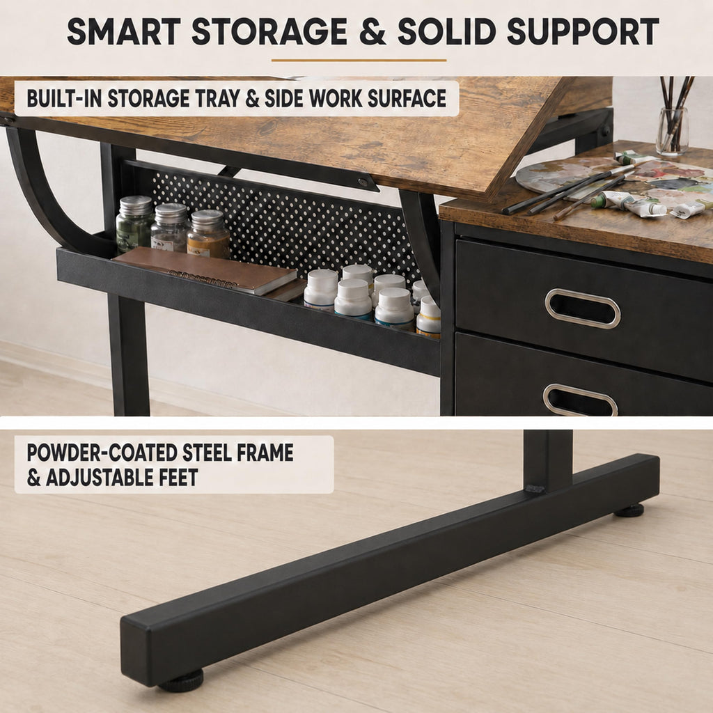 Artist Desks, Drafting Table with Stool & 3 Storage Drawersï¼Black