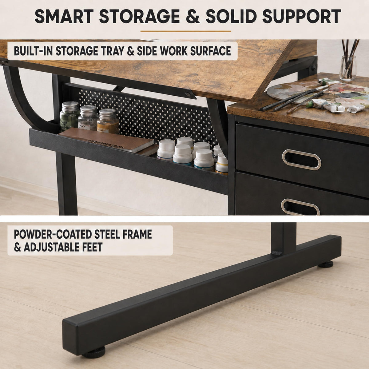 Artist Desks, Drafting Table with Stool & 3 Storage Drawersï¼Black