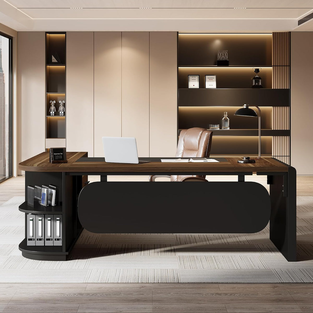 Tribesigns 81-Inch L-Shaped Office Desk, Large Commercial Office Desk with Drawers and File Cabinet, Modern Professional Business Furniture Workstations with Storage Shelves, Brown & Black