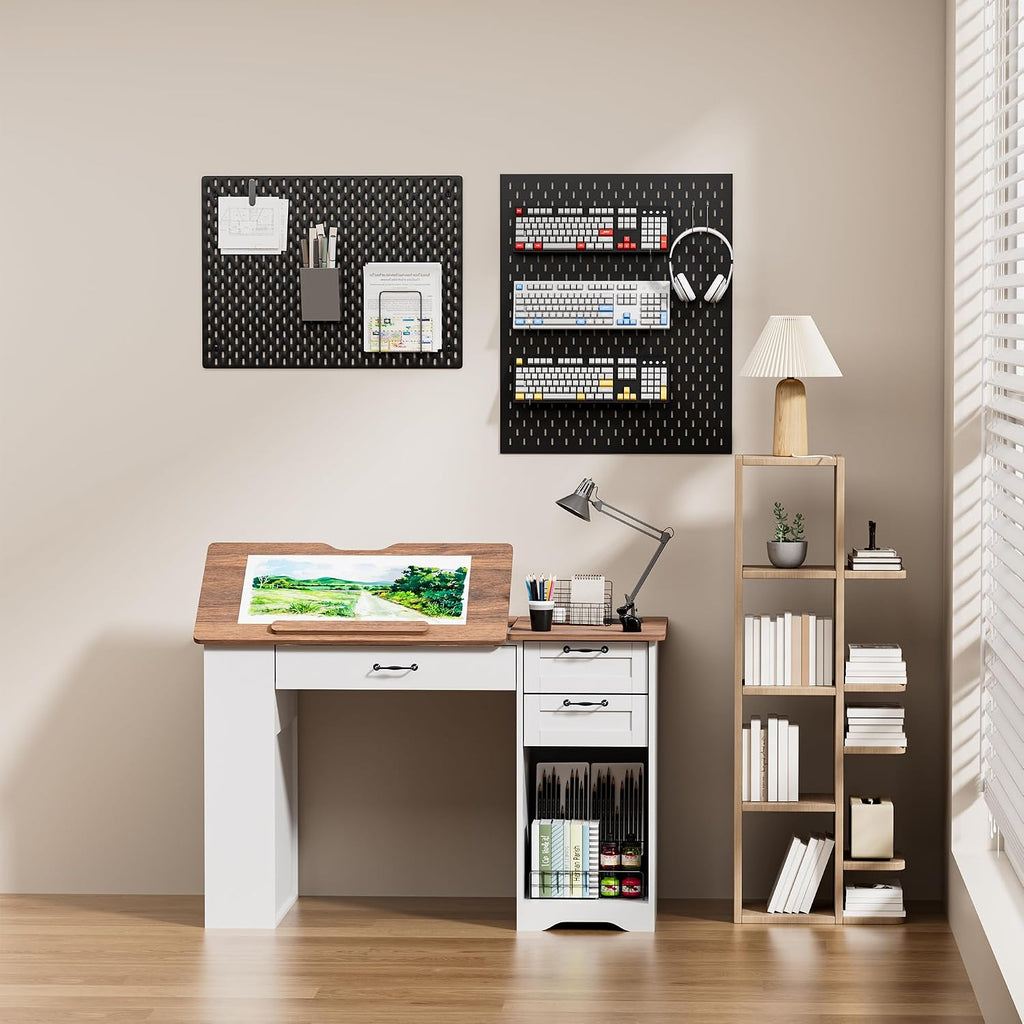 Drafting Table with Storage Cabinet & Drawers, Adjustable Drawing Desk with Open Shelves, Craft Table Painting Desk for Artists, Painters, Drawing, Crafting, Reading, Writing, Working