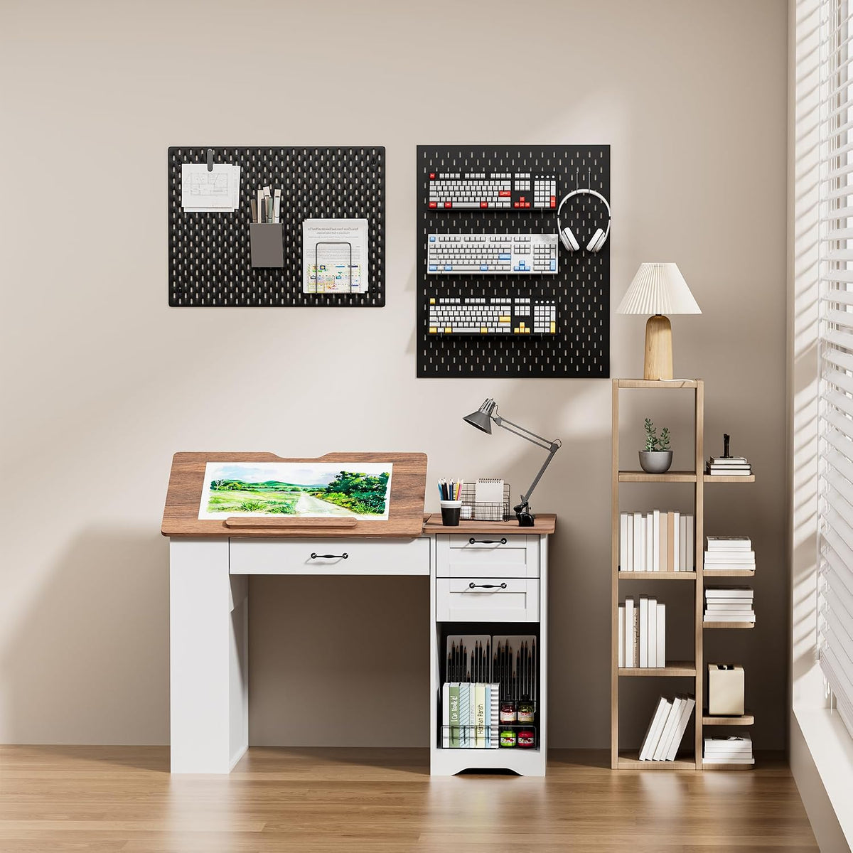 Drafting Table with Storage Cabinet & Drawers, Adjustable Drawing Table with Open Shelves, Craft Art Desk for Artists, Painters, Drawing, Crafting, Reading, Writing, Working