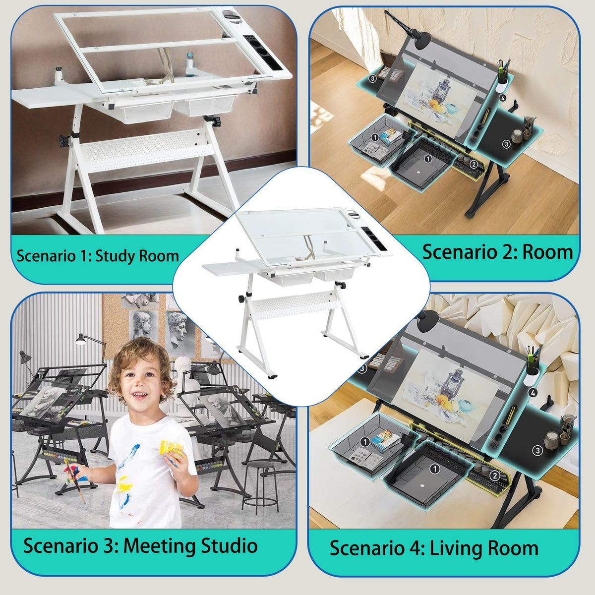 Donfafecuer Adjustable Drafting Table for Adults Professional Art Table 2 Storage Drawers Height Adjustable Home Office Reading Painting Tempered Glass Top Modern Black Design