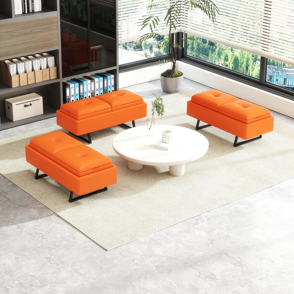 MOTION Leather Bench Waiting Room Chairs - 3 Seat Office Guest Reception Bench with Cushion, Waiting Room Bench Seating, Office Furniture Lobby Chairs for Salon, Shop, Set of 2, Orange