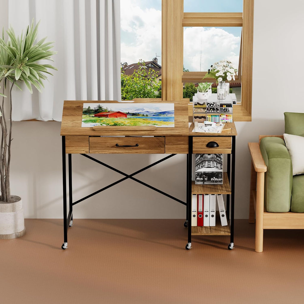 Rolling Drafting Table, Crafting Table with Storage, Computer Desk ï»¿