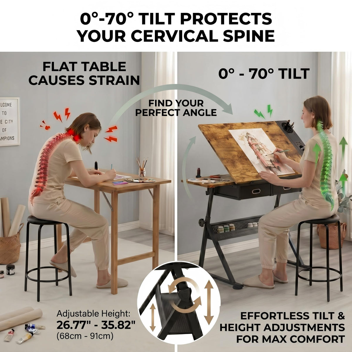 Adjustable Drawing Table with 3 Drawers & Stool, for Art & Work