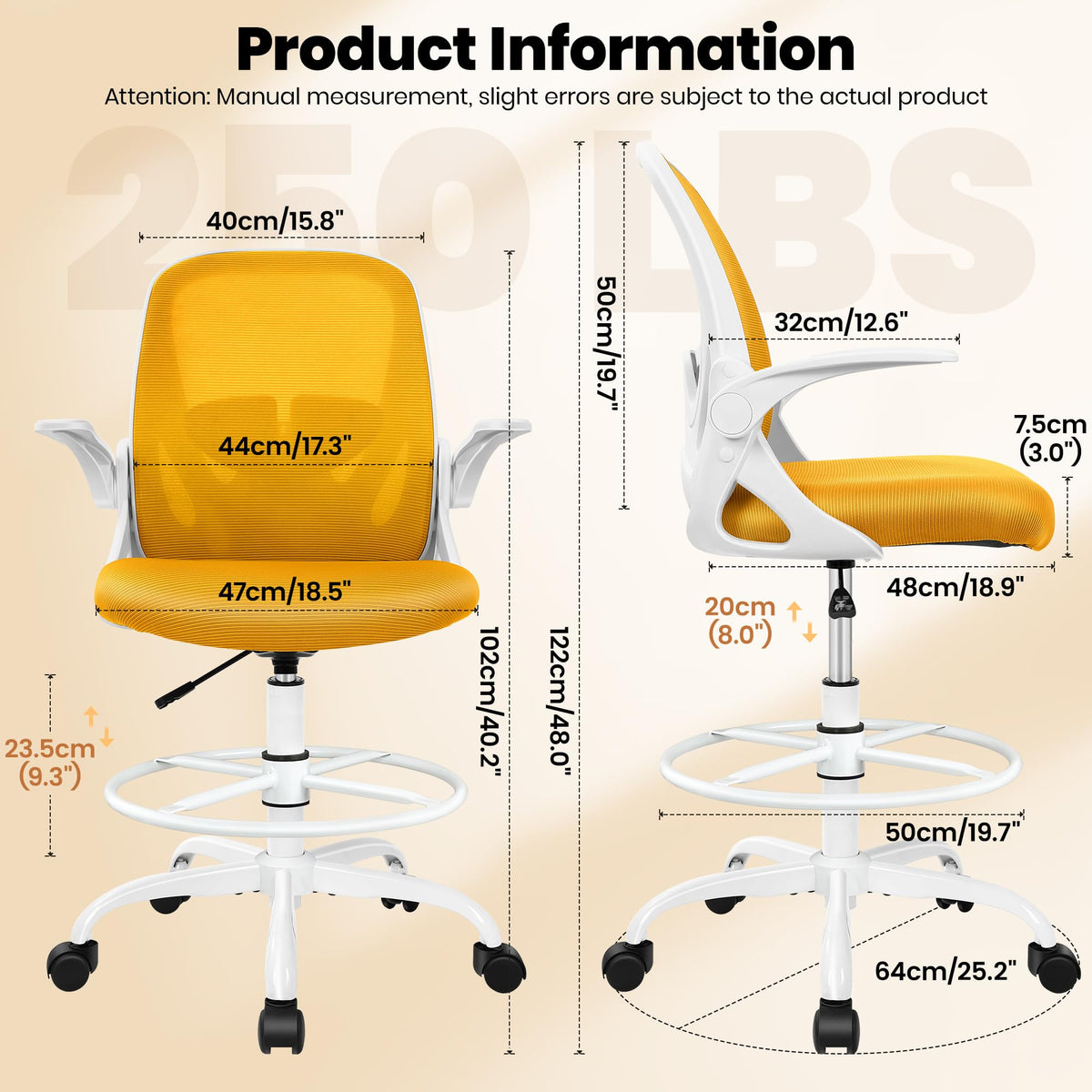 Drafting Chair Tall Office Chair with Flip-up Armrests, Adjustable Height, and Enhanced Lumbar Support - Ergonomic Rolling Stool, Back Support, and Adjustable Foot Rest Ring for Standing Desk White