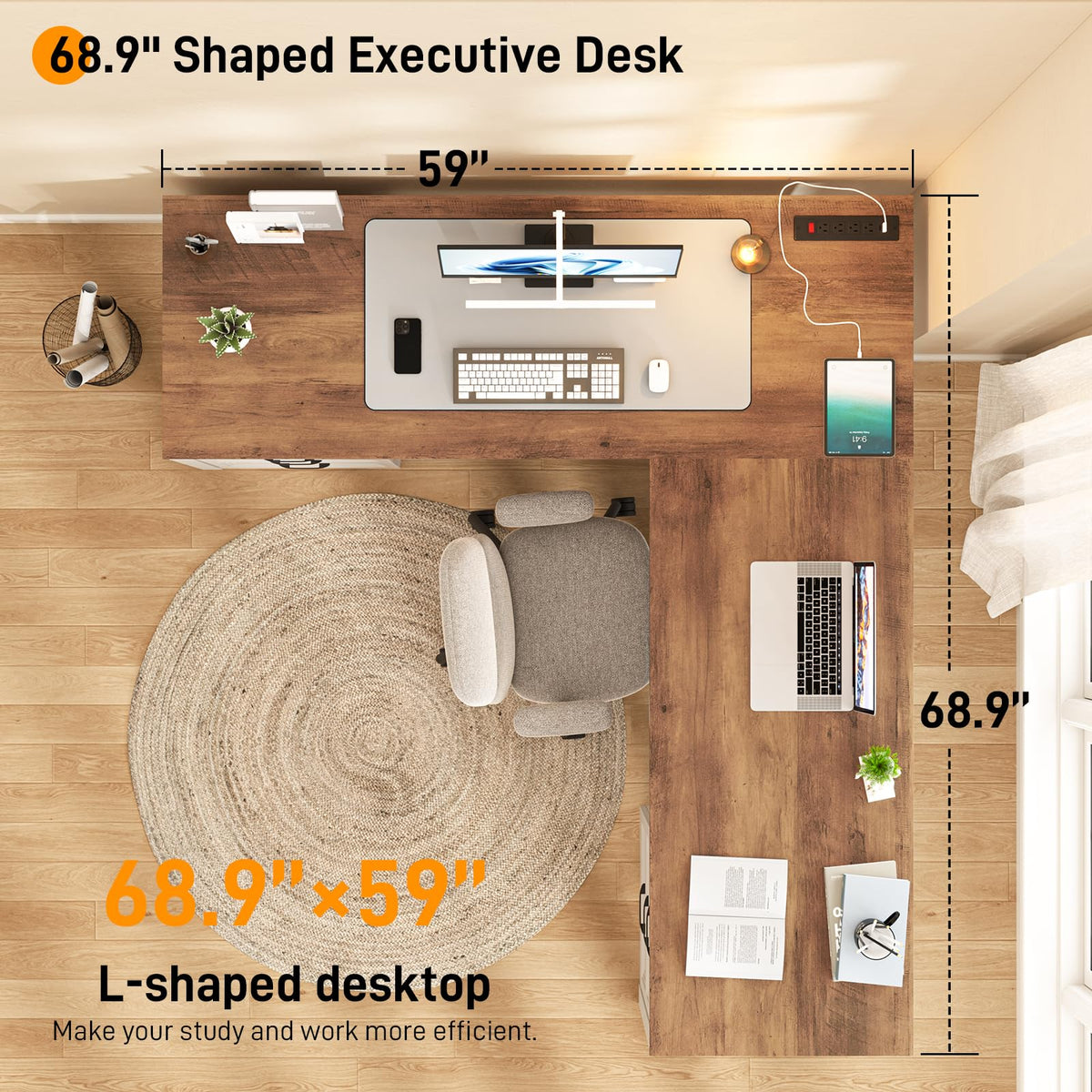 Halitaa Farmhouse Home Office Desk with 6 Drawers, L Shaped Executive Desk with Power Outlets and Triangle Under-Desk Storage Shelf & Drawer File Cabinet, Corner Computer Desk, Grey