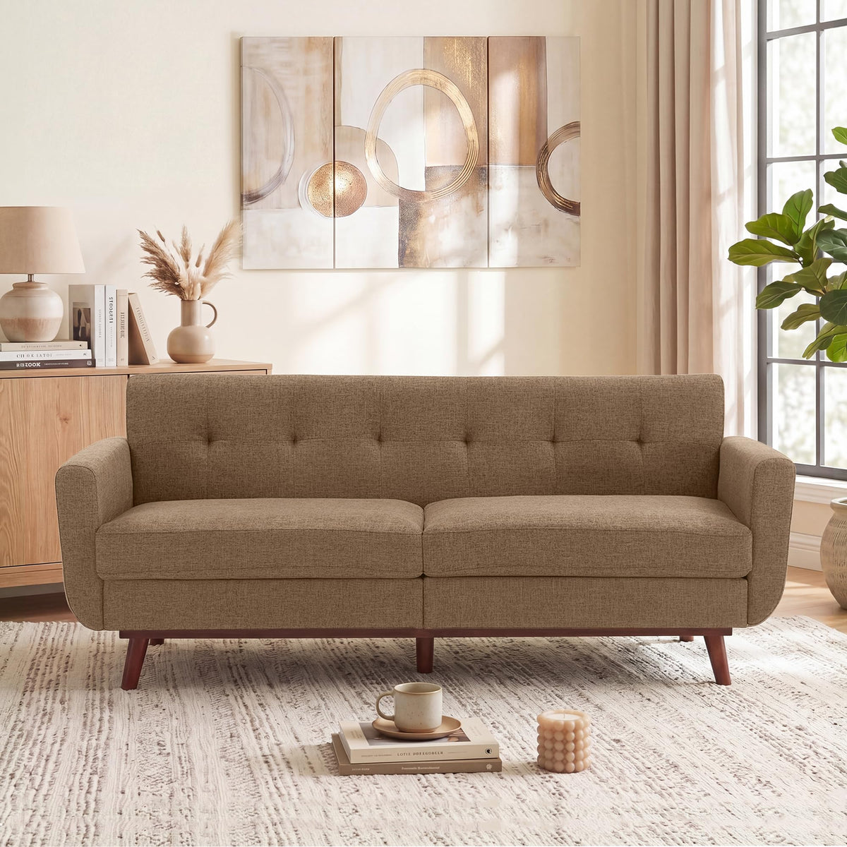 Kingfun 2 Piece Loveseat and Sofa Sets, Mid Century Modern Love Seat Couches for Living Room, Button Tufted Upholstered Furniture, Small Couch for Bedroom, Office, Beige