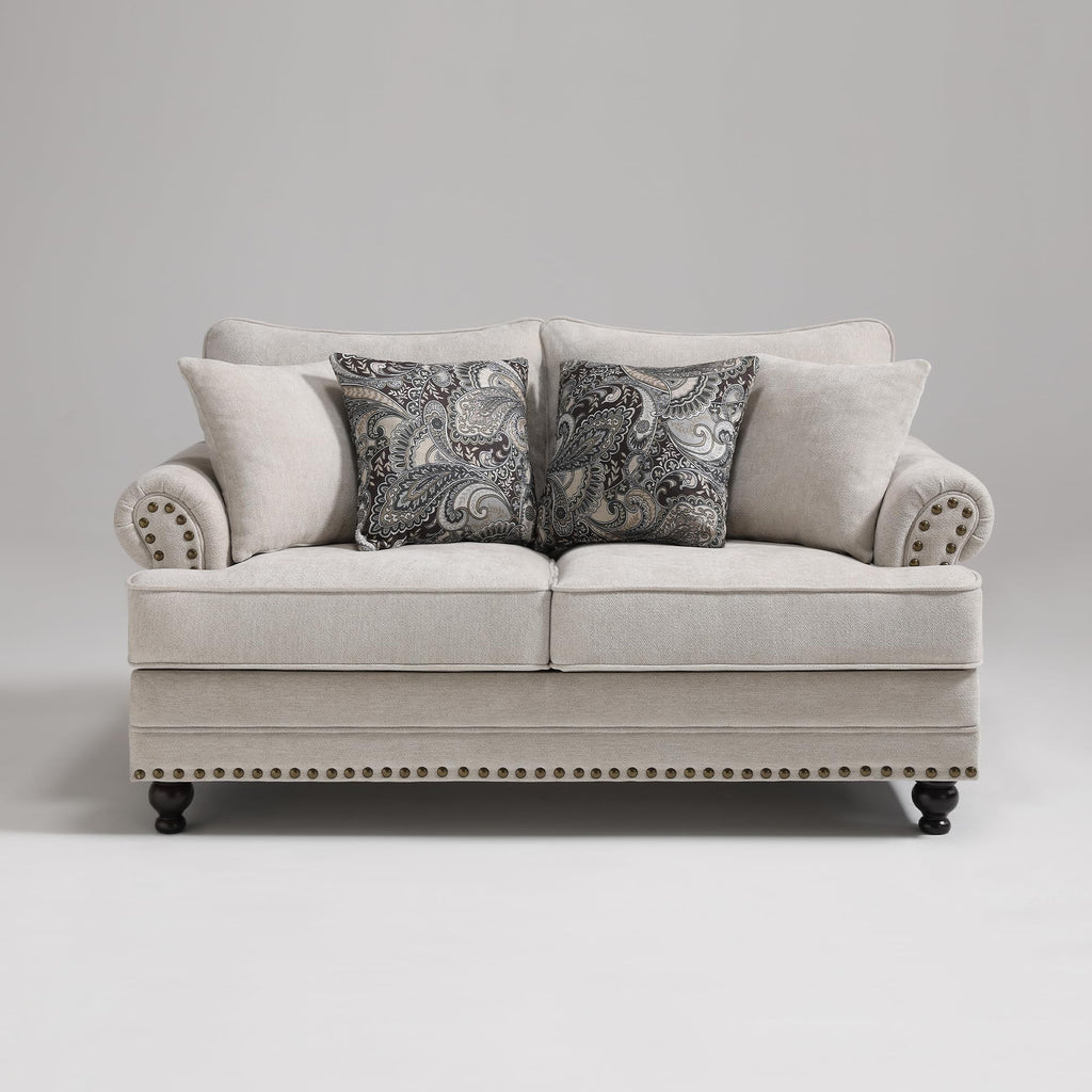 Modern Farmhouse Loveseat Sofa, Chenille Upholstery with Nailhead Trim, Small Couch for Living Room, Bedroom, Office, or Apartment, Includes 4 Accent Pillows