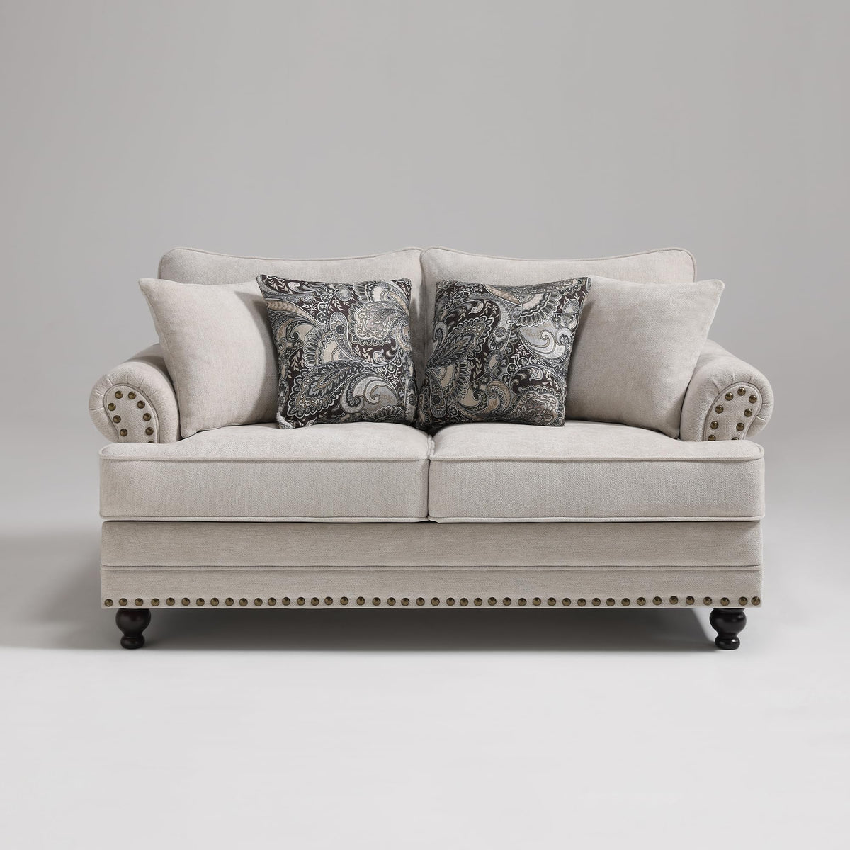 Modern Farmhouse Loveseat Sofa, Chenille Upholstery with Nailhead Trim, Small Couch for Living Room, Bedroom, Office, or Apartment, Includes 4 Accent Pillows