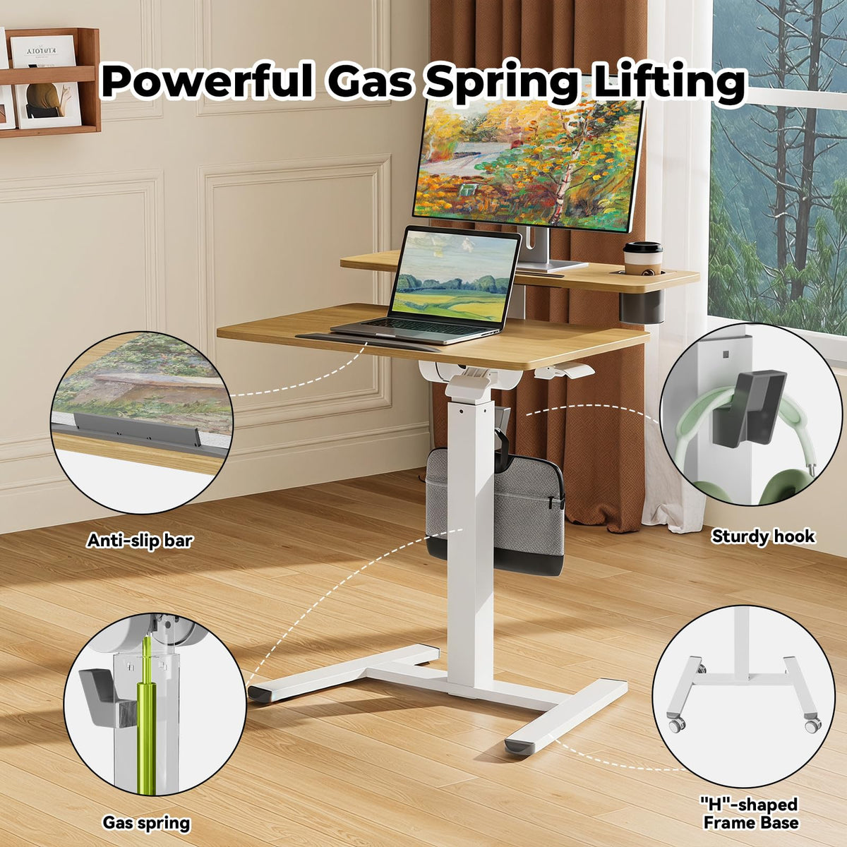 28" Mobile Standing Desk, Tiltable Top with 2-Tier Shelves, White