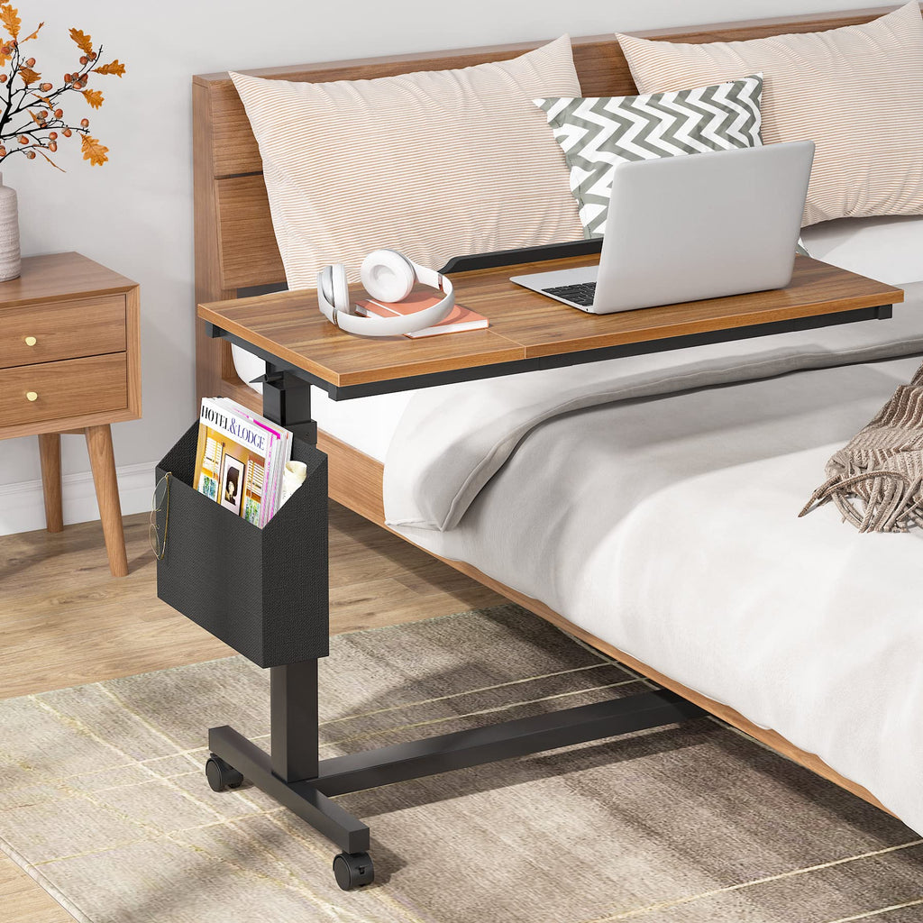 Tribesigns Height Adjustable C Shaped End Table with Wheels and Side Pocket, Mobile Sofa Snack Table with Tiltable Drawing Board, Laptop Side Tray Table for Couch Bed (Rustic Brown)