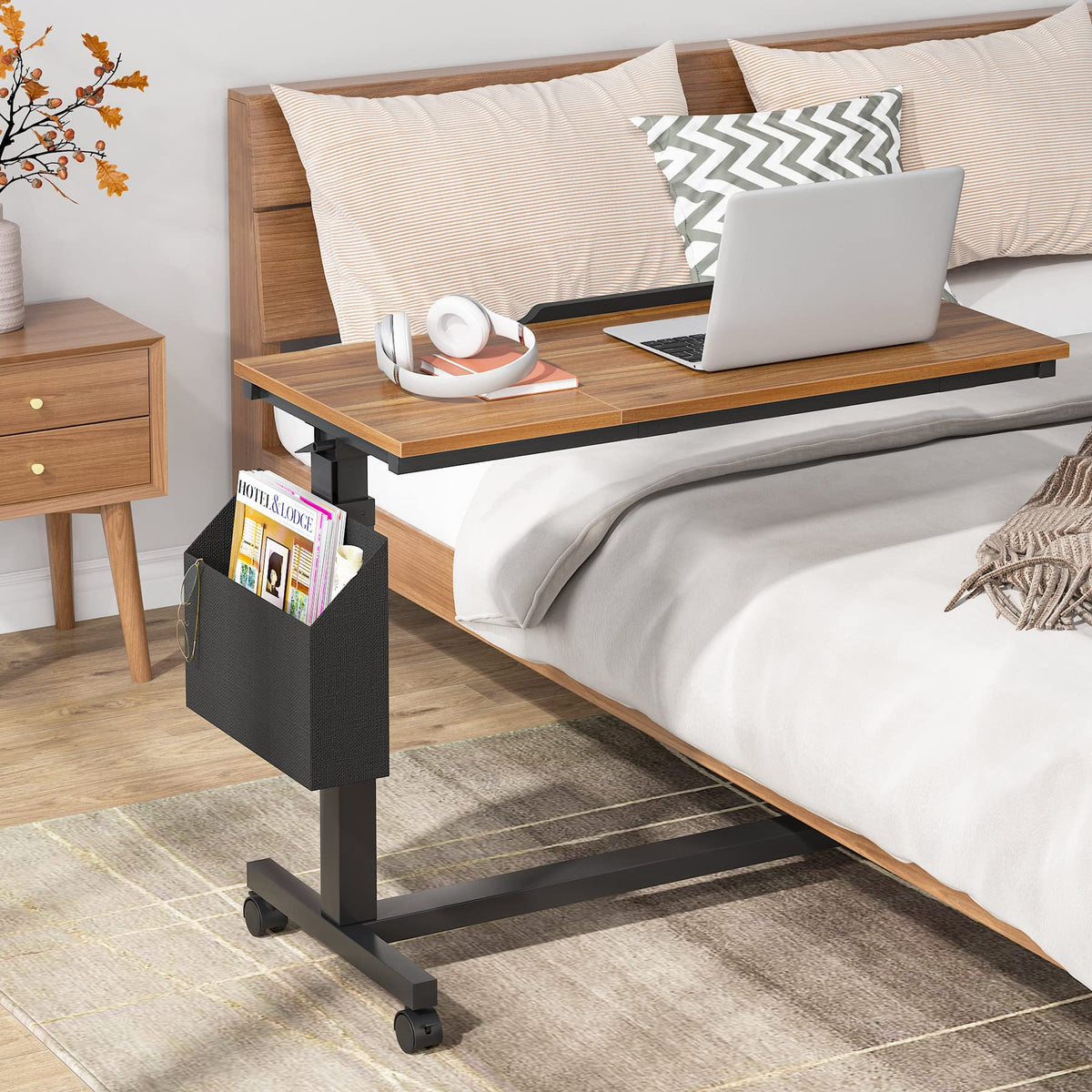 Tribesigns Height Adjustable C Shaped End Table with Wheels and Side Pocket, Mobile Sofa Snack Table with Tiltable Drawing Board, Laptop Side Tray Table for Couch Bed (Rustic Brown)